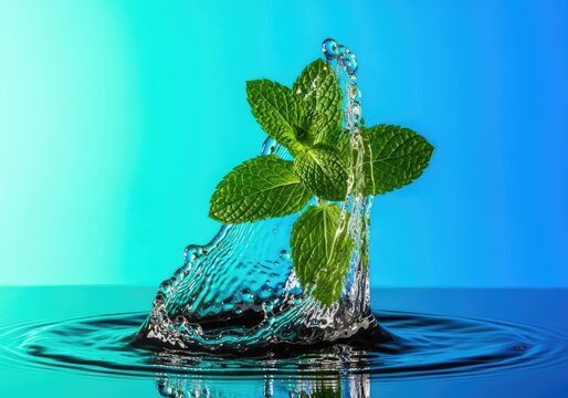 Vibrant green mint leaves dancing inside crystal clear water splashes and ripples, set against a vivid turquoise and bright blue backdrop, summer, clean, purity