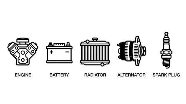 Car Engine and Electrical Parts Vector Icon Set - Engine, Battery, Radiator, Alternator, and Spark Plug