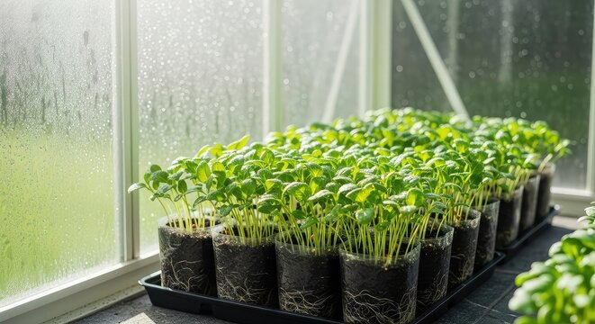 Vibrant green organic seedlings grow in black recycled pots inside a bright sunlit glass greenhouse with soft morning light and humidity, cultivation, harvest, dew