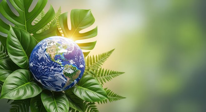 Vibrant green plant leaves surround a realistic earth globe on a soft background with glowing ambient light for eco-friendly technology, concept, green, fresh