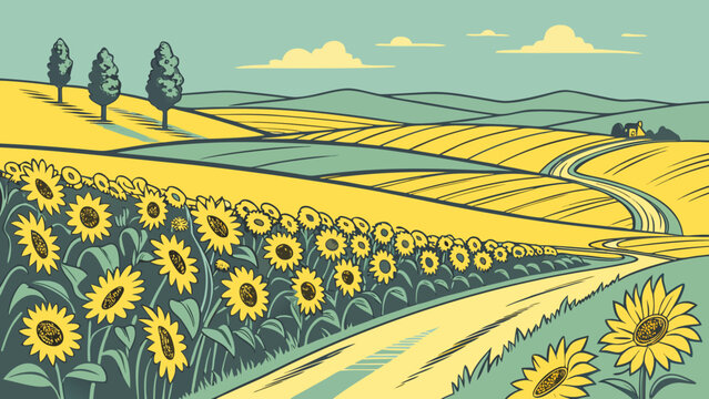 Sunflower field landscape with rolling hills and country road, sunflower