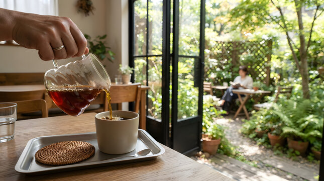 Morning Brew Oasis: A hand pours a rich, dark coffee from a glass carafe into a ceramic mug, beside a biscuit on a tray, while a person relaxes in a lush.