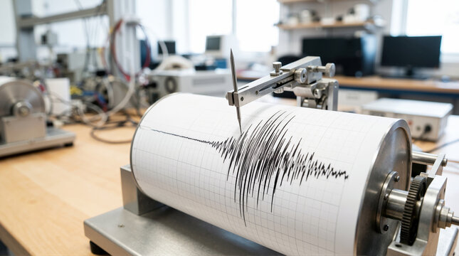 Close up of a seismograph needle recording an earthquake. Seismic wave pattern on a paper drum in a geophysics laboratory