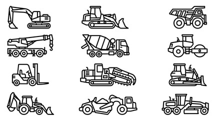 Construction Vehicles Icons Set: Excavator, Bulldozer, Crane, Cement Mixer, Dump Truck, Forklift, Roller © 50mas