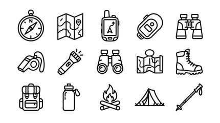 Fototapeta premium Outdoor Adventure Gear Icons: Compass, Map, GPS, Binoculars, Boots, Tent, Backpack