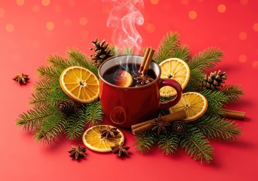 Warm holiday arrangement with steaming mulled wine, evergreen sprigs, dried oranges, and spices centered on a bright red festive background, red, pine, cozy