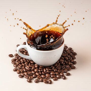 White ceramic cup captures a dynamic splash of dark coffee with liquid droplets flying, surrounded by roasted beans on a plain background, pour, breakfast, drink