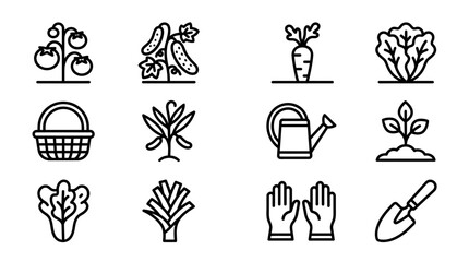 Gardening Icons Set: Vegetables, Tools, Plants, Basket, Watering Can, Gloves © 300mas