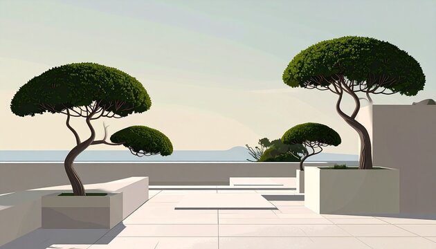 Modern Rooftop Garden with Pruned Trees and Ocean View.