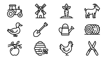 Fototapeta premium Farm Icons Collection: Tractor, Mill, Animals, Tools, and Produce - Outline Style