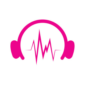 Minimalist flat vector icon featuring pink headphones with a vibrant audio sound wave in the center, isolated on a white background.