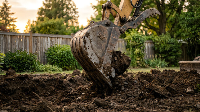 Excavator bucket digging into the ground at a construction site in a garden