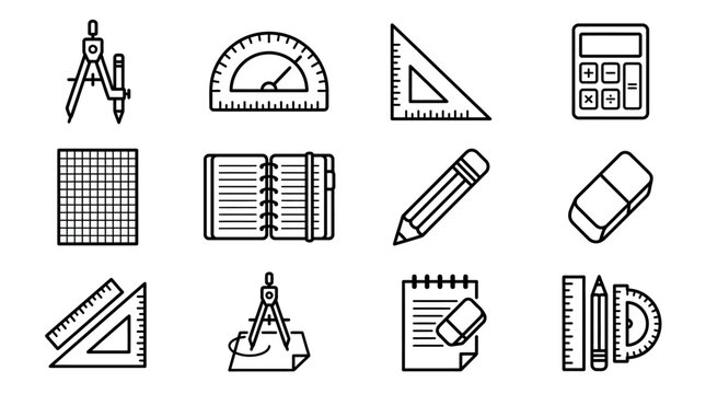 Math and Geometry Tools Icons Set: Compass, Protractor, Ruler, Calculator, Notebook