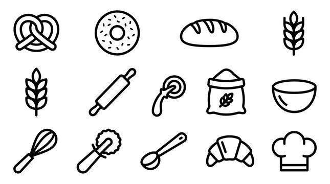 Bakery Icons Set: Pretzel, Donut, Bread, Croissant, Chef Hat, Rolling Pin, Whisk