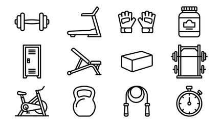 Fitness Equipment Icons: Dumbbell, Treadmill, Gloves, Supplement, Locker, Bench, Weight, Jump Rope, Bike, Stopwatch © 400bos