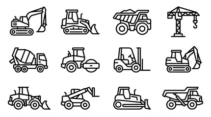 Construction Vehicle Icons: Excavator, Bulldozer, Dump Truck, Crane, Mixer, Roller, Forklift © 400bos