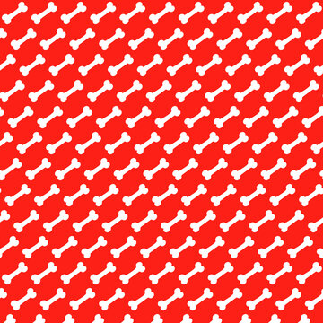 Modern seamless dog bone pattern with white bones on a bright red background. Fun pet-themed design for pet products, packaging, wallpaper, fabric, wrapping paper and digital use.