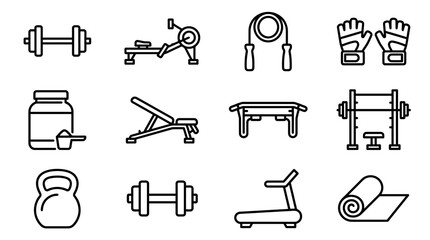 Fitness Equipment Icons: Dumbbell, Treadmill, Rowing Machine, Jump Rope, Kettlebell, Bench © Afganganteng