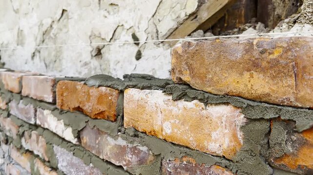 Adult male hands in protective gloves apply cement with a trowel and place bricks to build brick wall for house. The worker carefully spreads mortar and sets each brick during the construction process