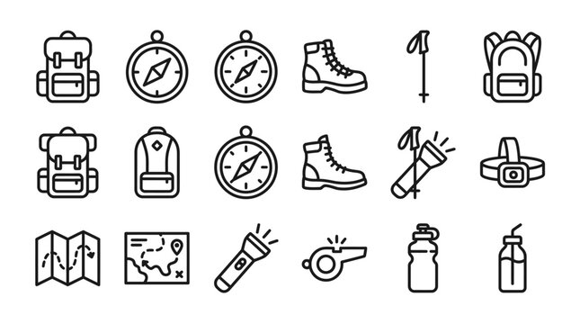 Outdoor Adventure Gear Icons: Backpack, Compass, Hiking Boots, Map, Flashlight, Water Bottle