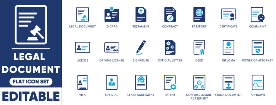 Legal document icon set vector for contract, agreement, passport, visa, license, certificate, patent and UI design.