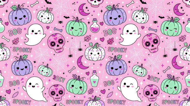 Cute halloween seamless pattern with ghosts pumpkins and skulls on a light pink background