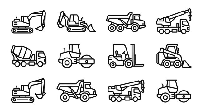 Construction Vehicles Icons Set: Excavator, Loader, Dump Truck, Crane, Mixer, Roller, Forklift, Bobcat