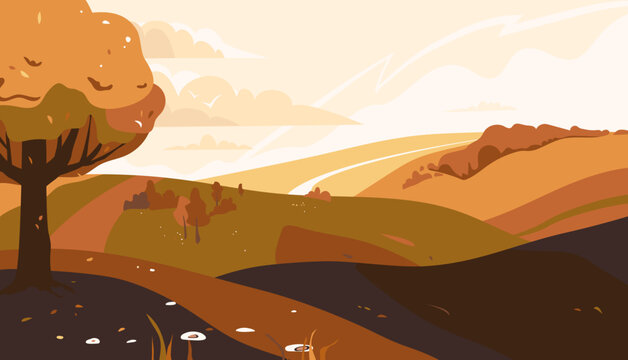 Autumn landscape vector illustration with tree, rolling hills, cloudy sky. Warm autumn countryside background design in orange and brown tones, perfect for banner or poster