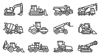 Construction Equipment Icons: Excavator, Bulldozer, Dump Truck, Crane, Concrete Mixer, Roller, Forklift © Boycilik