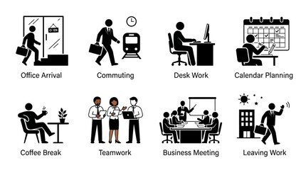 Obraz premium Illustrated icons of daily office work activities.