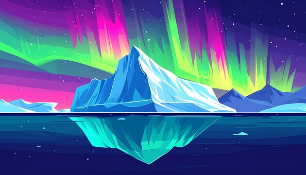 Vibrant Aurora Borealis Over Icy Mountain and Reflection.