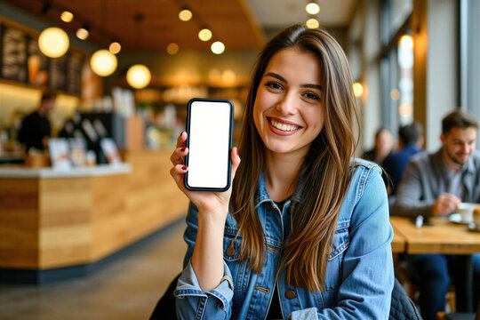 Young smiling woman holds modern smartphone with white blank screen in cozy coffee shop. Female person shows mobile device display for mockup design sitting in cafe restaurant interior. Happy girl