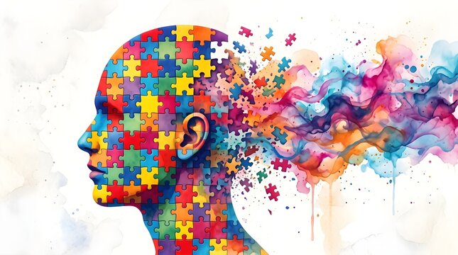 Abstract profile of a human head made of colorful puzzle pieces representing mental health awareness and cognitive diversity