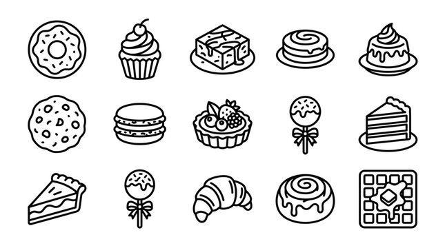 Sweet Treats Icons: Donut, Cupcake, Cake Slice, Macaron, Croissant, Waffle, Cookie