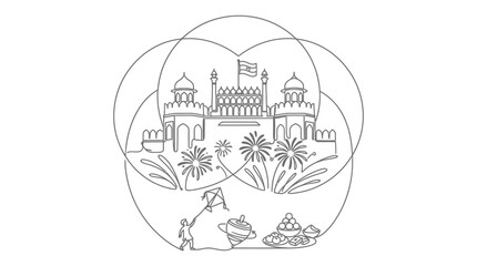 Naklejka premium Minimalist continuous line art of Red Fort, Indian Independence Day celebration vector, cultural heritage landmark with kite and flag