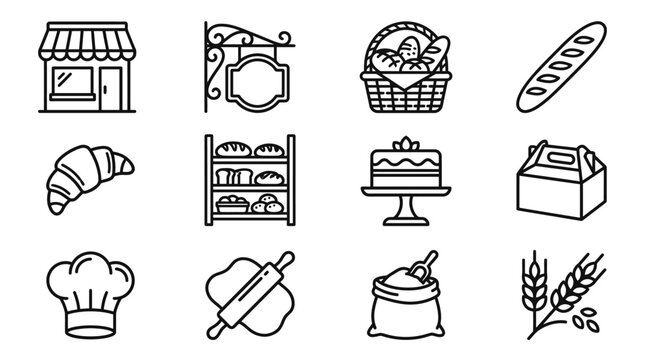 Bakery Icons Set: Shop, Bread, Croissant, Cake, Chef Hat, Dough, Flour, Wheat