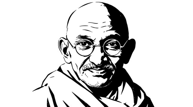 Mahatma Gandhi portrait vector illustration, black and white stencil art of Indian leader, minimalist graphic of Mohandas Karamchand Gandhi