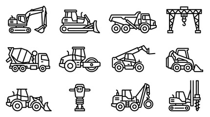 Construction Equipment Icons Set: Excavator, Bulldozer, Dump Truck, Crane, Mixer, Roller © Domboancok