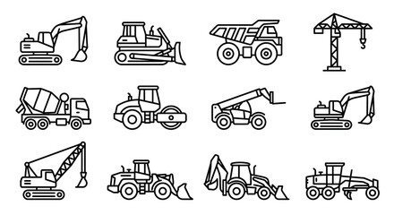 Construction Equipment Icons: Excavator, Bulldozer, Crane, Dump Truck, Concrete Mixer © Domboancok
