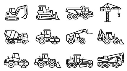 Construction Vehicles Set: Excavator, Bulldozer, Dump Truck, Crane, Mixer, Roller Icons © Domboancok