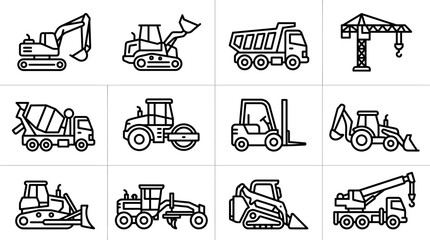 Set of construction vehicle icons, heavy machinery line art illustrations © Anginbenjol