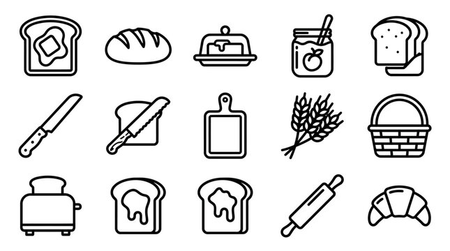 Breakfast Food Icons: Toast, Bread, Jam, Butter, Croissant, Toaster, Knife, Rolling Pin