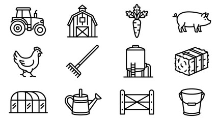 Farm Icons: Tractor, Barn, Pig, Carrot, Chicken, Rake, Silo, Hay Bale, Greenhouse, Watering Can, Fence, Bucket © Domboancok