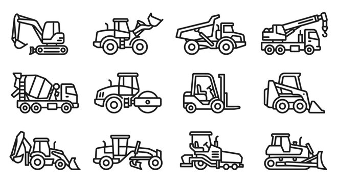 Construction Vehicles Icons Set: Excavator, Loader, Crane, Truck, Cement Mixer, Roller, Forklift