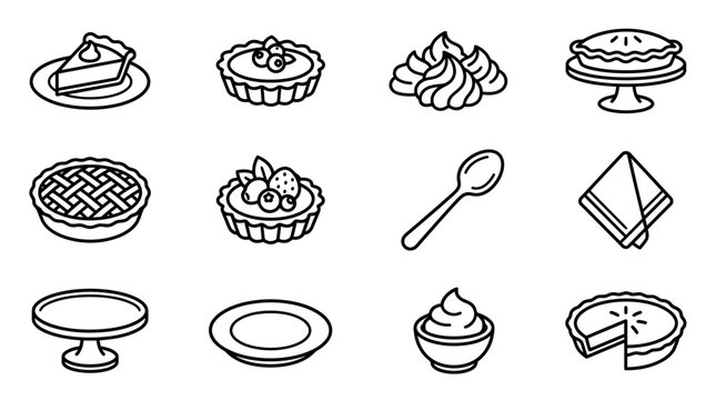 Dessert Icons: Pie, Tart, Cream, Spoon, Napkin, Plate, Cake Stand