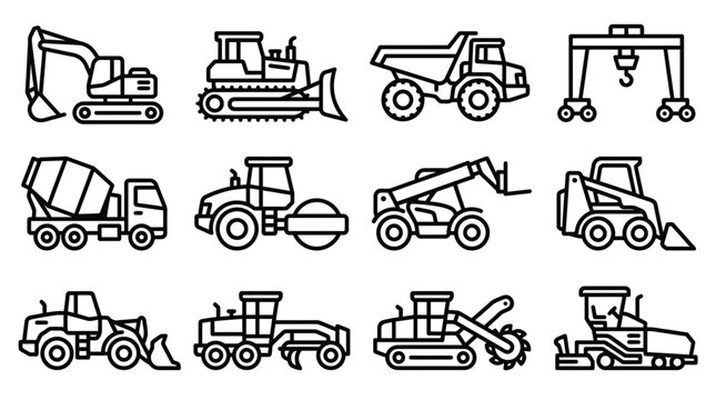 Construction Equipment Icons: Excavator, Bulldozer, Dump Truck, Crane, Mixer, Roller, Loader, Bobcat