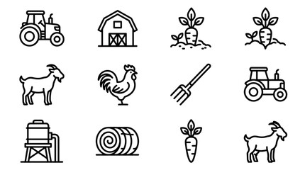 Farm icons set: tractor, barn, goat, rooster, carrot, pitchfork, water tank, hay bale © Afganganteng