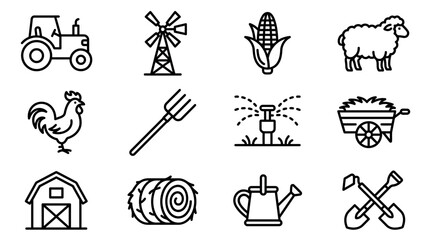Farm Icons: Tractor, Windmill, Corn, Sheep, Rooster, Pitchfork, Sprinkler, Hay Wagon, Barn © Afganganteng