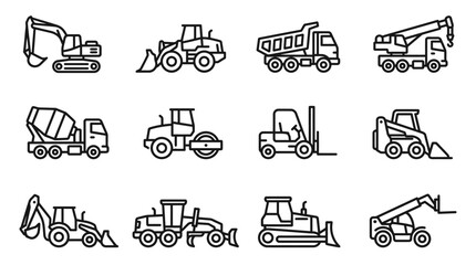 Heavy Construction Equipment Icons Set: Excavator, Bulldozer, Crane, Dump Truck, Loader © Jayagem