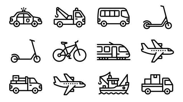 Transportation Icons: Police Car, Tow Truck, Bus, Scooters, Bike, Train, Plane, Boat, Trucks